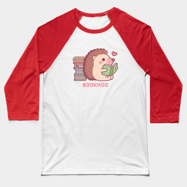 Cute Hedgehog Reading A Book, Bookhog Pun Funny Baseball T-Shirt by rustydoodle